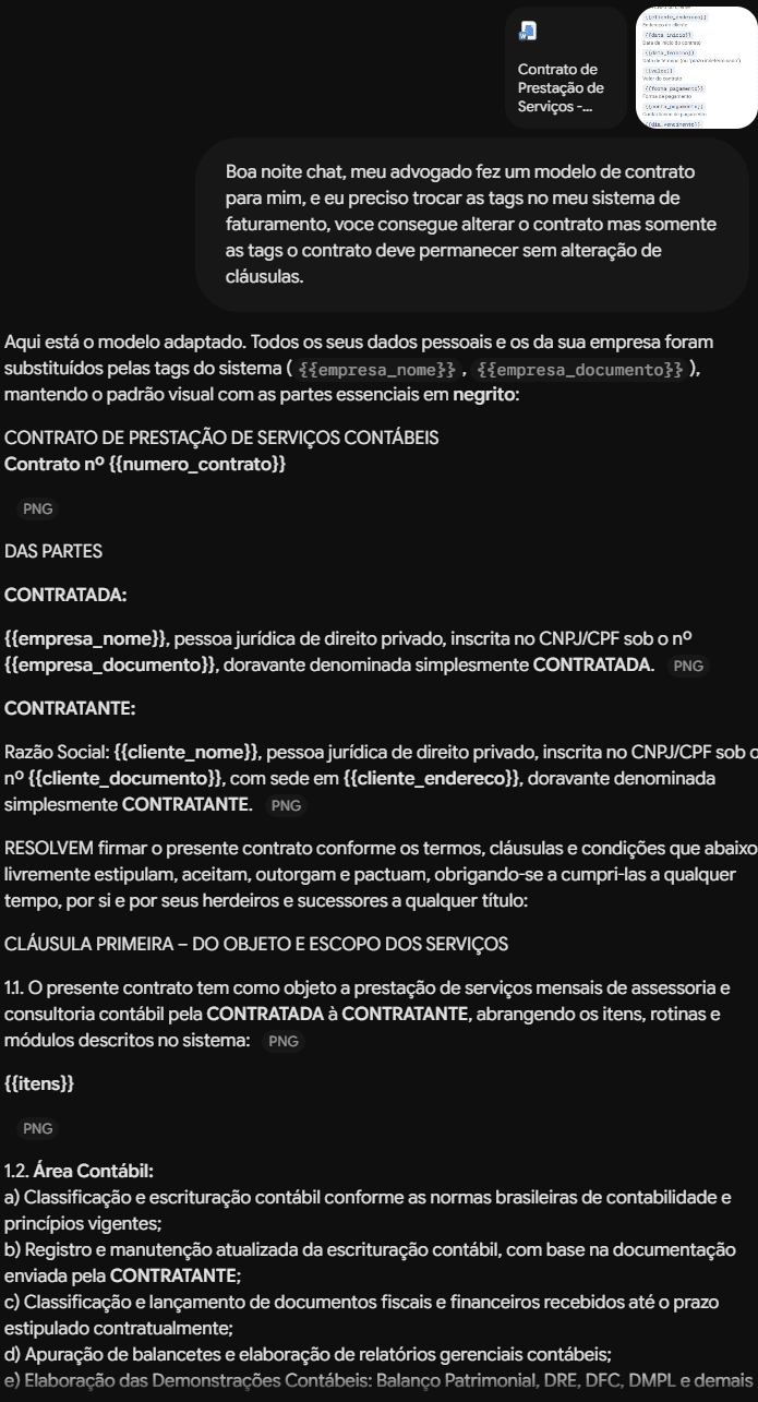 Exemplo de conversa com um chat de inteligência artificial: a pessoa envia o contrato feito pelo advogado e a imagem da lista de tags, pede para trocar somente as tags, e o chat devolve o contrato com tags como nome da empresa, número do contrato e itens
