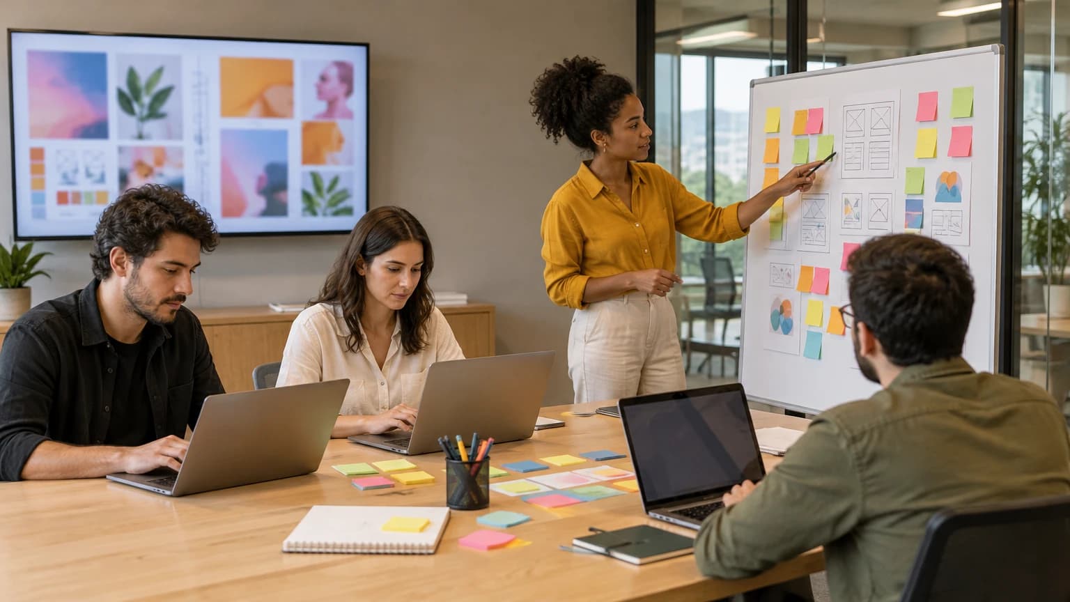 Equipe de uma agência de marketing e design numa sala de reunião, com um quadro de post-its e esboços e uma TV com peças gráficas