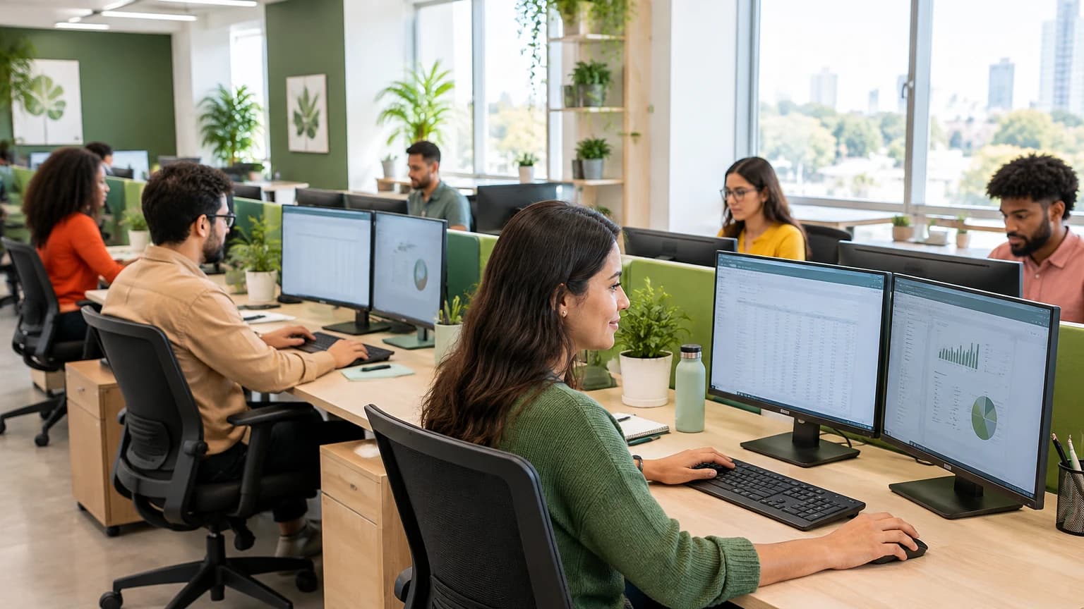 Equipe de back-office financeiro trabalhando com dois monitores num escritório aberto e claro