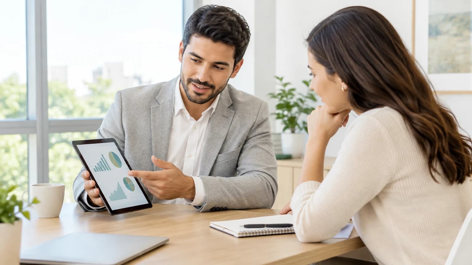 Consultor financeiro mostrando gráficos num tablet para uma cliente, numa sala clara com janelas grandes