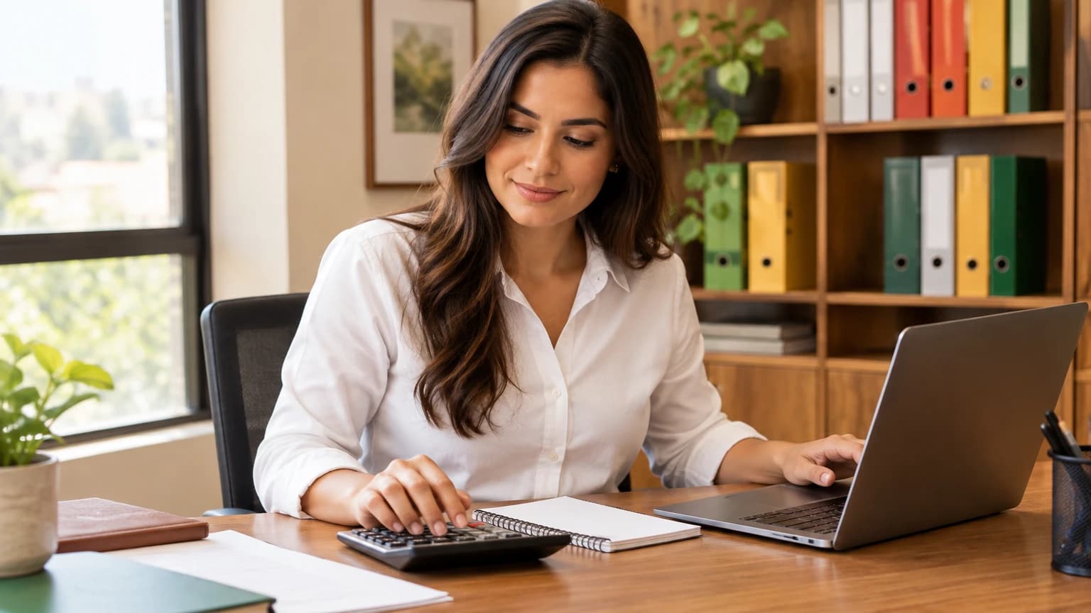Contadora trabalhando com calculadora e notebook num escritório com estante de pastas de documentos