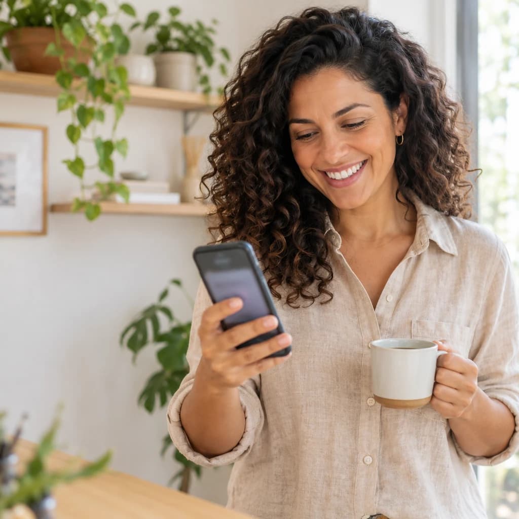 Dona de um pequeno negócio de serviços sorrindo ao ver no celular um pagamento recebido, num estúdio claro com plantas