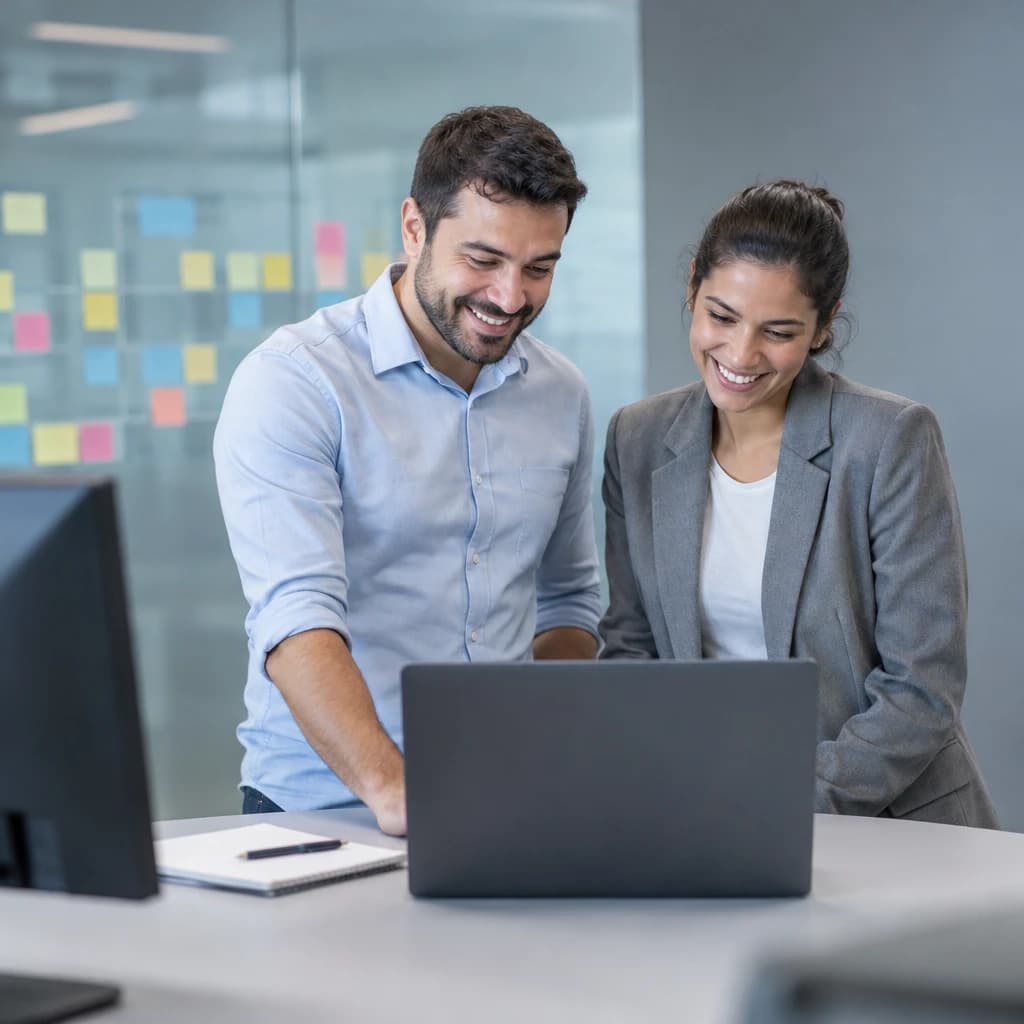 Dono de uma agência e uma colega sorrindo juntos diante de um notebook, num escritório moderno com post-its de projetos ao fundo
