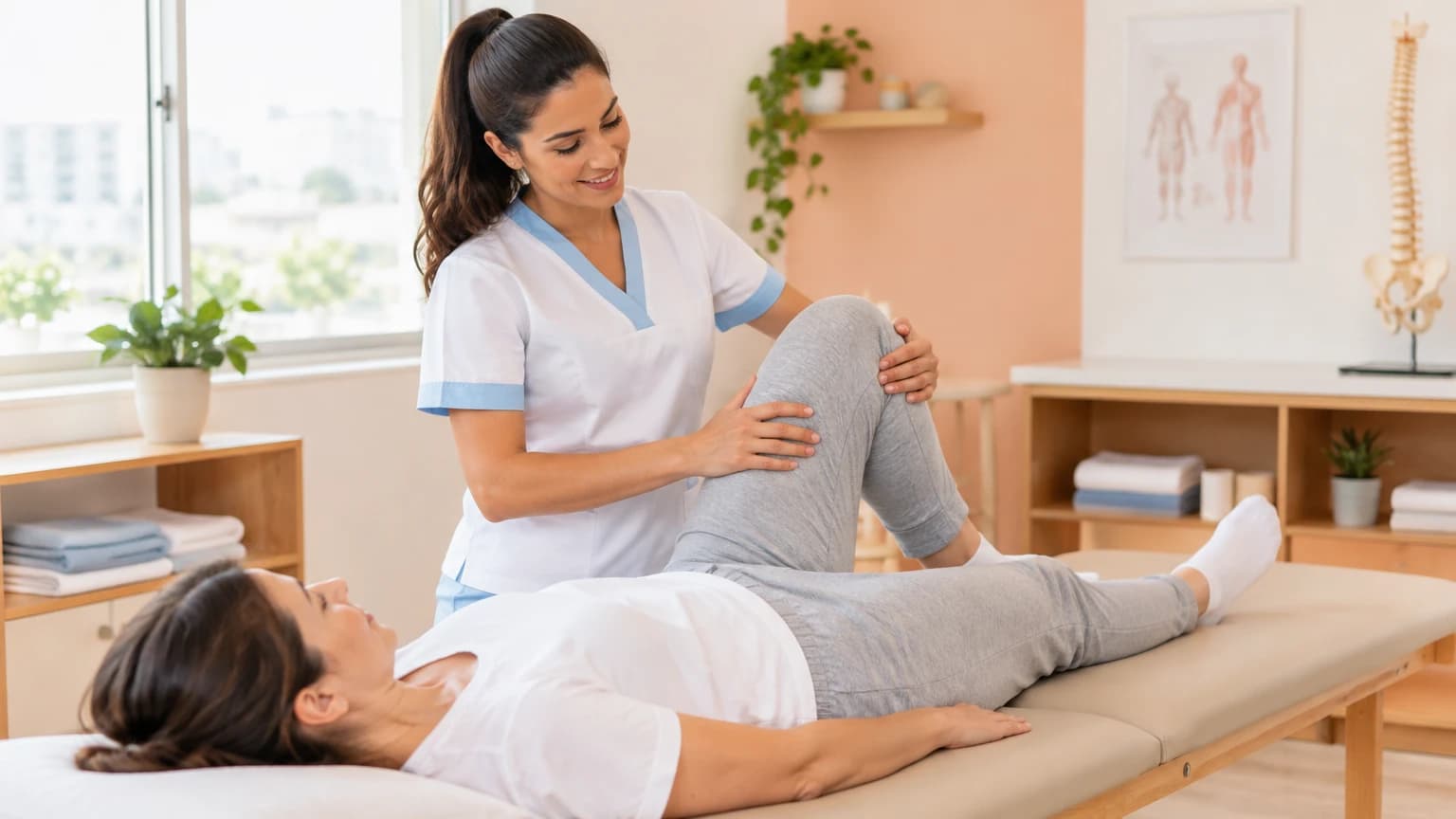 Fisioterapeuta de uniforme claro fazendo um exercício de mobilização no joelho de uma paciente deitada numa maca, num consultório claro com tons de pêssego