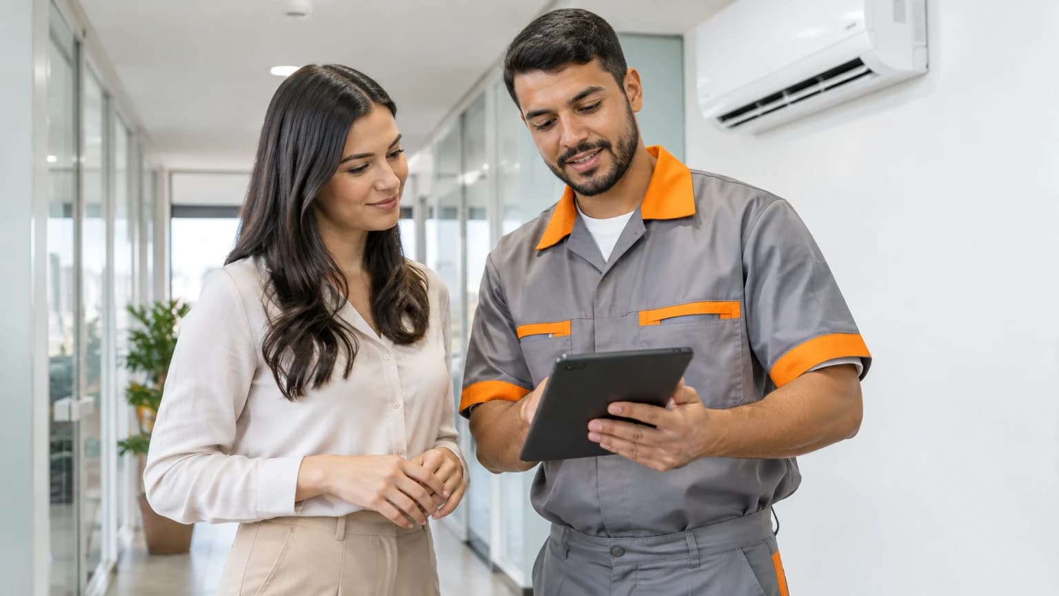 Técnico de manutenção uniformizado mostrando um tablet a uma cliente, num corredor claro de escritório