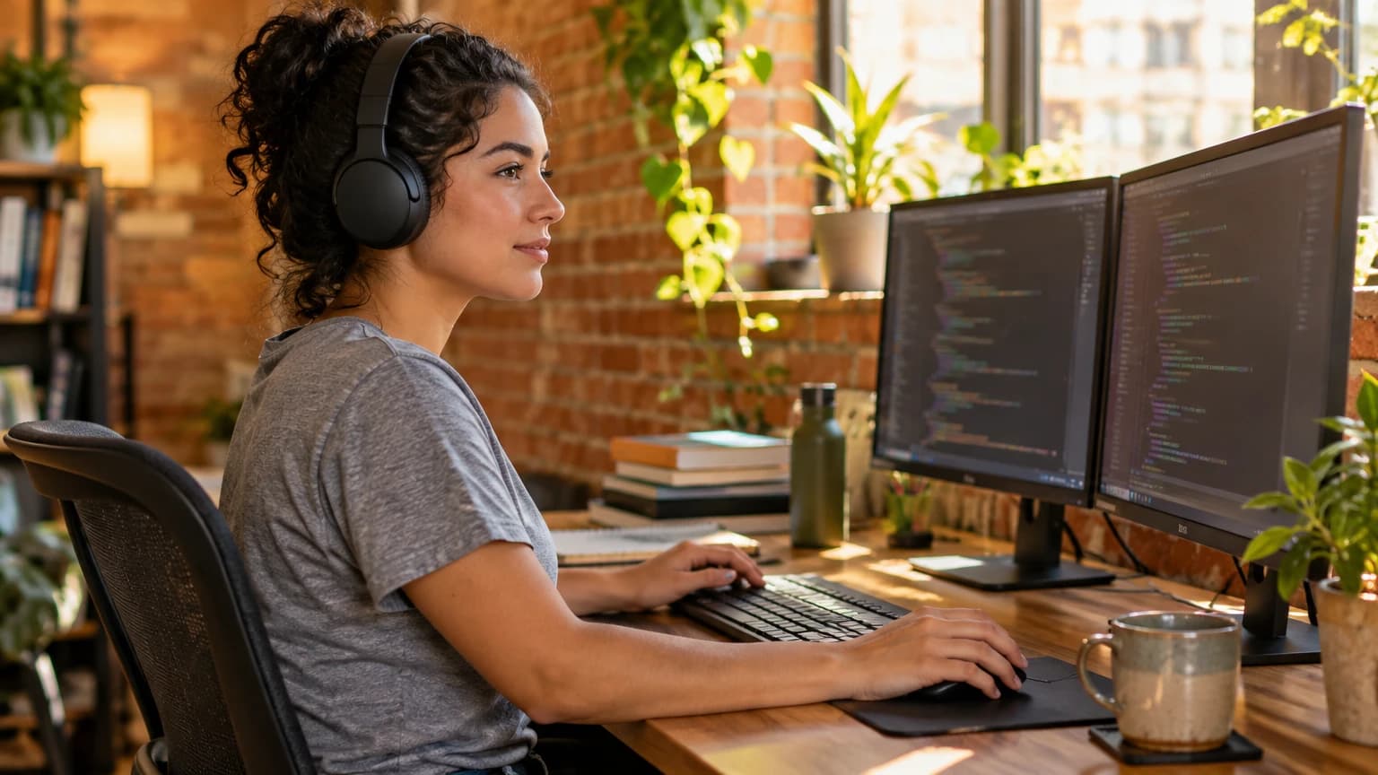 Desenvolvedora de software de fone de ouvido, trabalhando com dois monitores de código num escritório de tijolinho