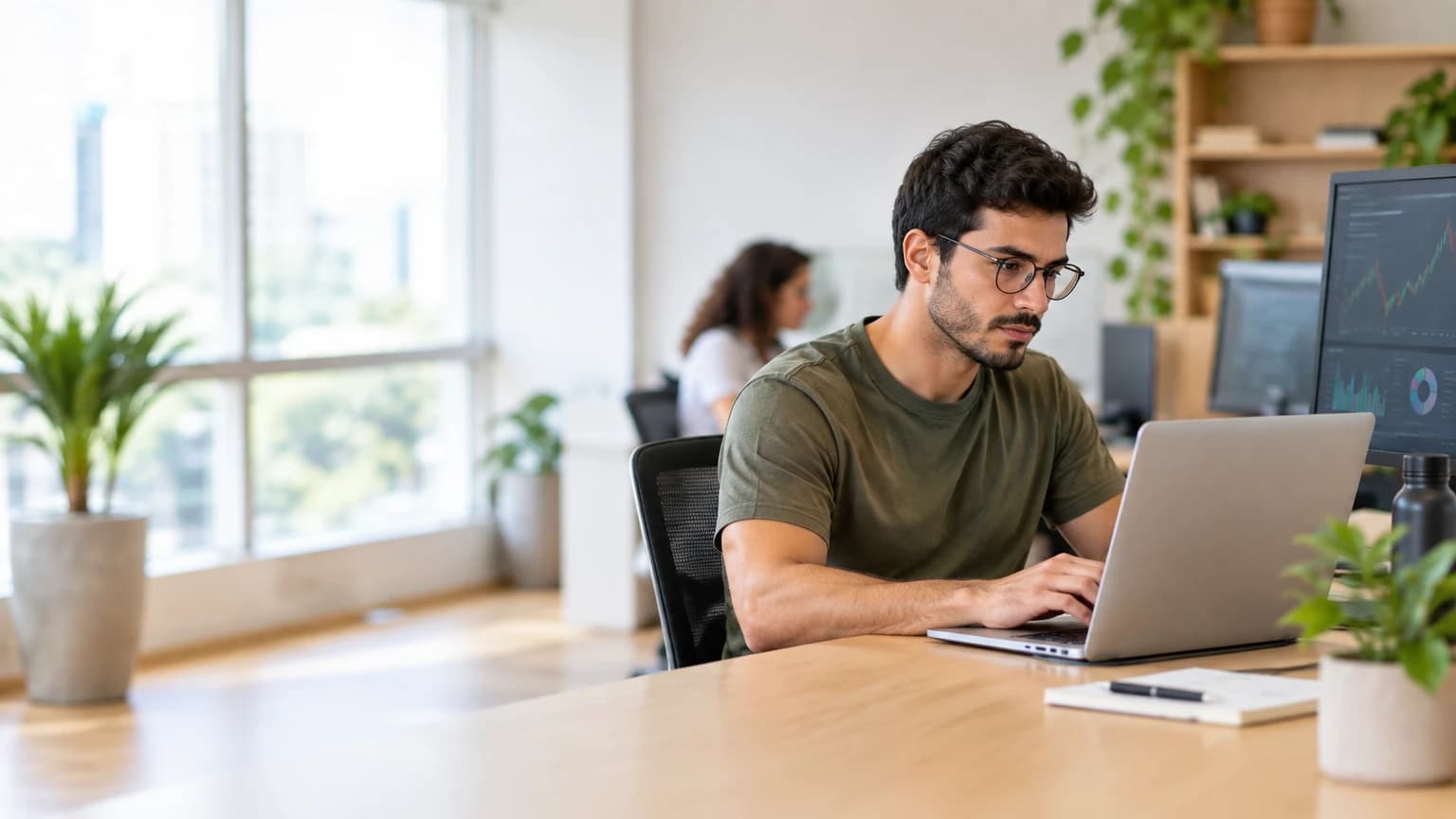 Analista financeiro de óculos trabalhando num notebook, num escritório claro com plantas e um monitor com gráficos ao fundo