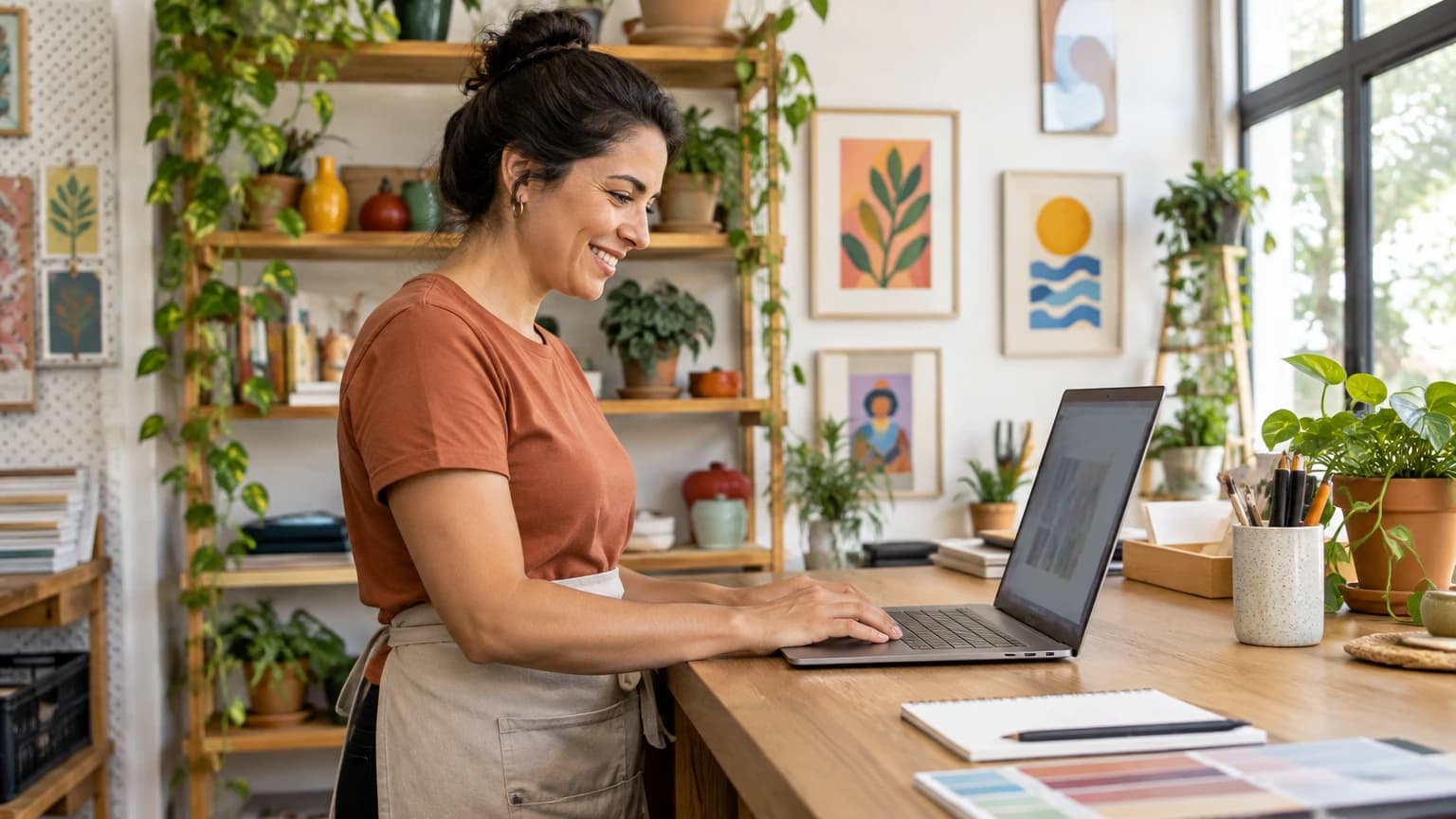Dona de um pequeno estúdio de design usando um notebook no balcão, em meio a plantas e quadros coloridos