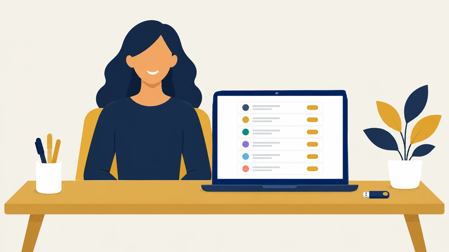 Ilustração da mesma contadora sorrindo diante de um notebook com uma única janela e a lista das empresas clientes