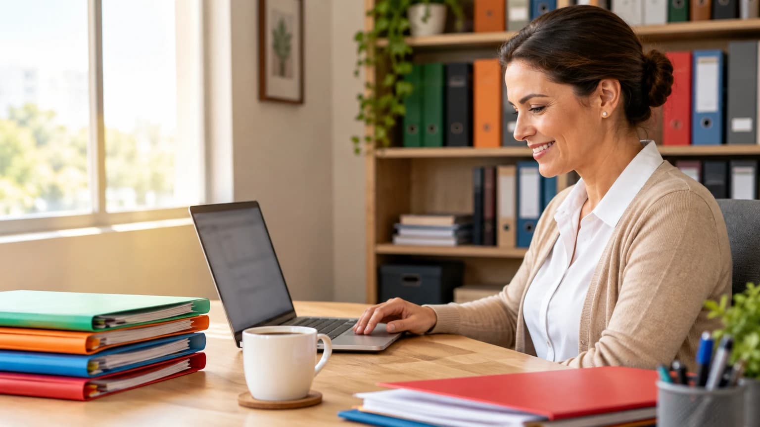 Contadora sorrindo diante do notebook, numa mesa com pastas coloridas e uma estante de arquivos ao fundo