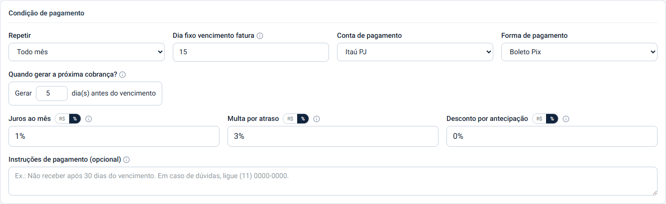 Condição de pagamento de um contrato na iork: repetir todo mês, dia de vencimento, conta, forma de pagamento (boleto e Pix), juros, multa e desconto