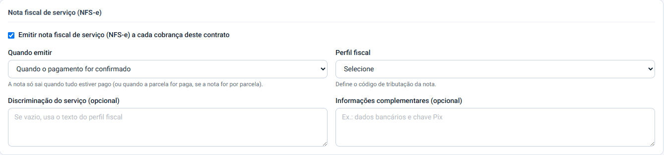 Nota fiscal de serviço no contrato da iork: emitir a nota a cada cobrança do contrato, quando emitir e perfil fiscal