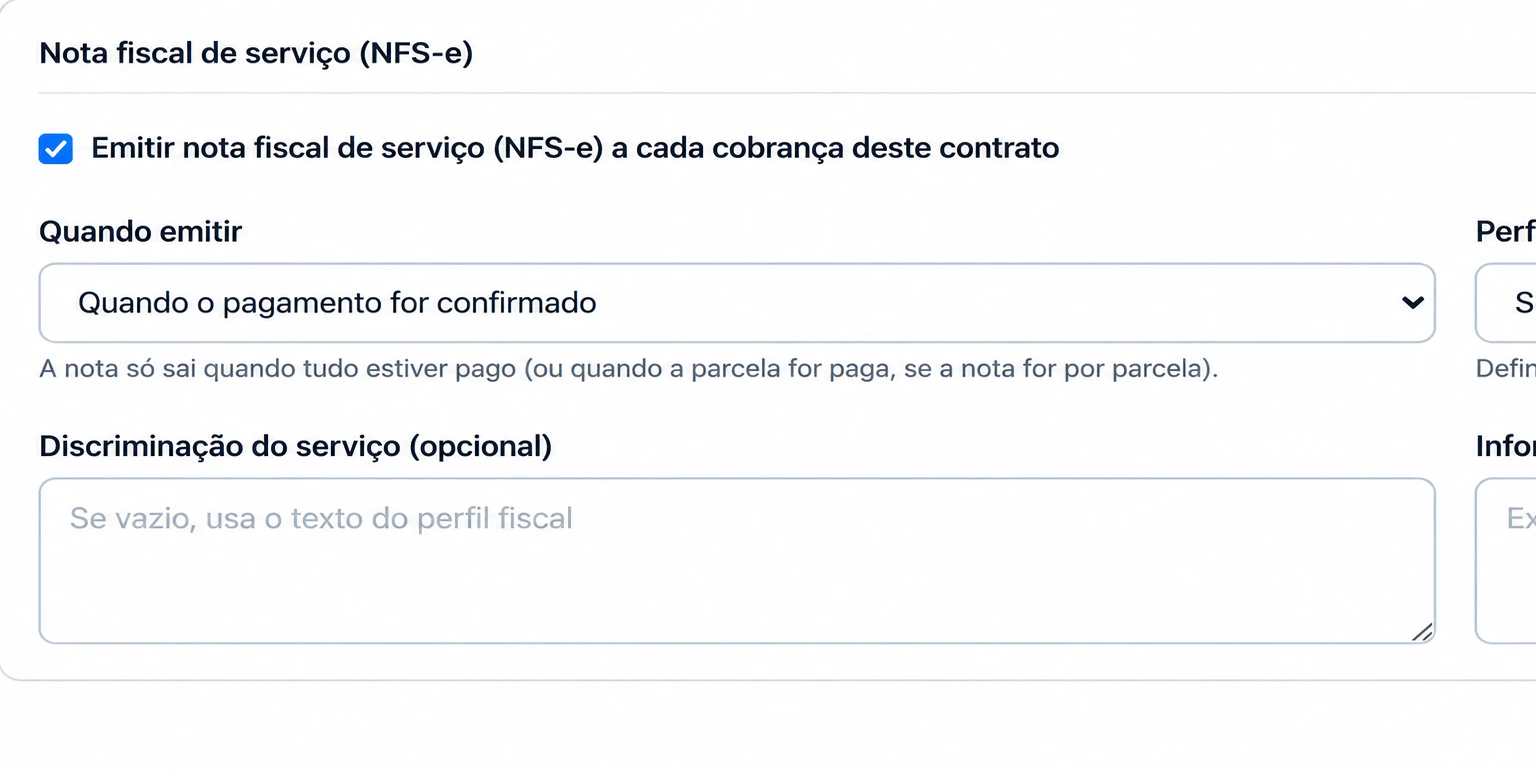 Configuração da nota fiscal de serviço no contrato da iork: emitir a nota a cada cobrança, quando emitir e perfil fiscal