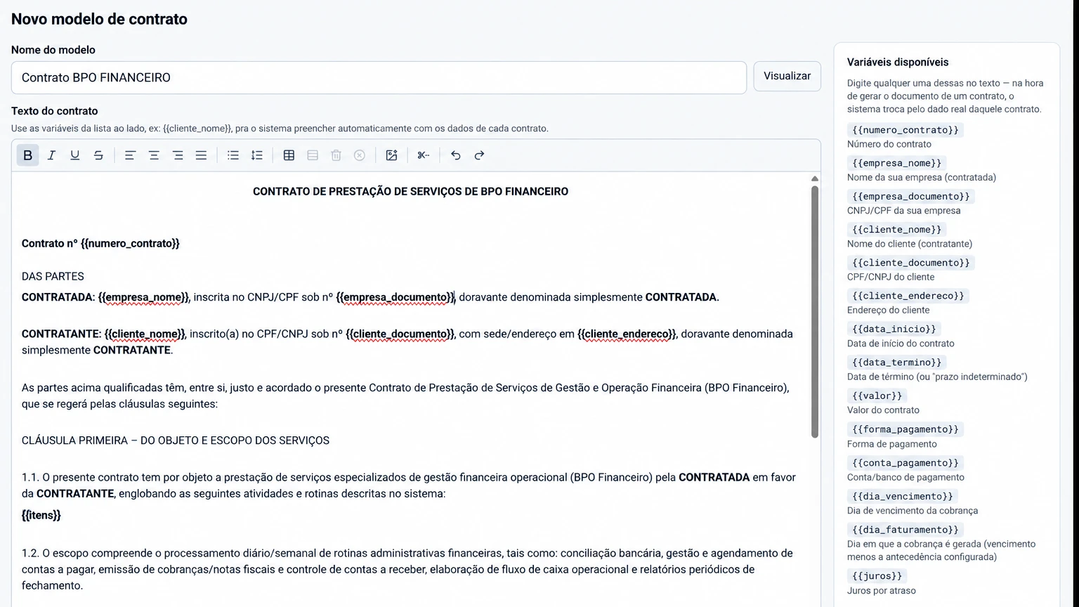 Modelo de contrato de prestação de serviços de BPO financeiro na iork, com campos automáticos entre chaves e a lista de variáveis ao lado