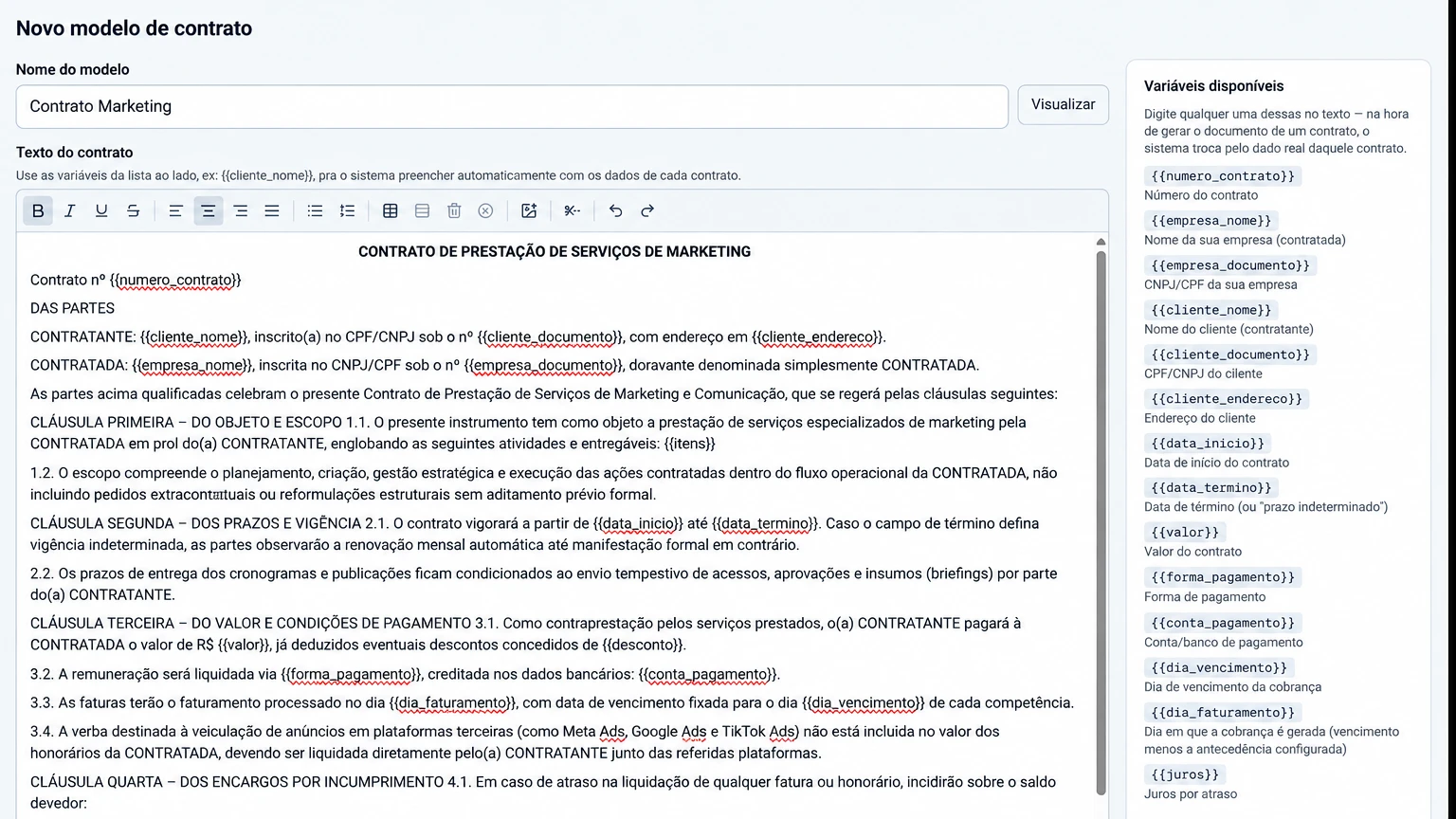 Modelo de contrato de prestação de serviços de marketing na iork, com campos automáticos entre chaves e a lista de variáveis ao lado