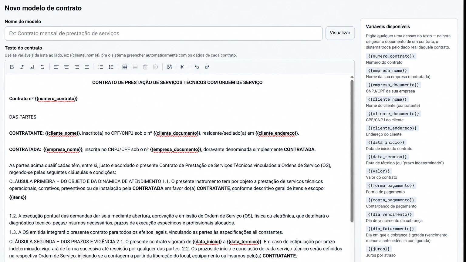 Modelo de contrato de prestação de serviços técnicos com ordem de serviço na iork, com campos automáticos entre chaves e a lista de variáveis ao lado