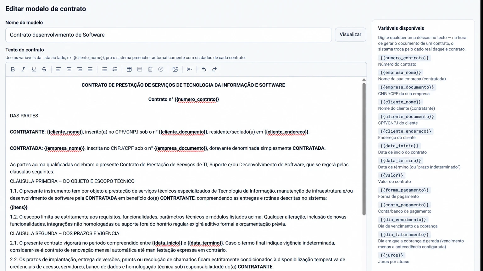 Modelo de contrato de prestação de serviços de TI e desenvolvimento de software na iork, com campos automáticos entre chaves e a lista de variáveis ao lado