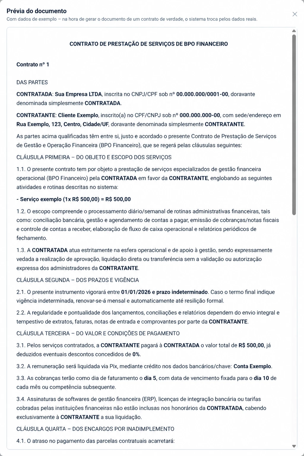 Prévia do documento de contrato de prestação de serviços de BPO financeiro, com os campos já trocados por dados de exemplo