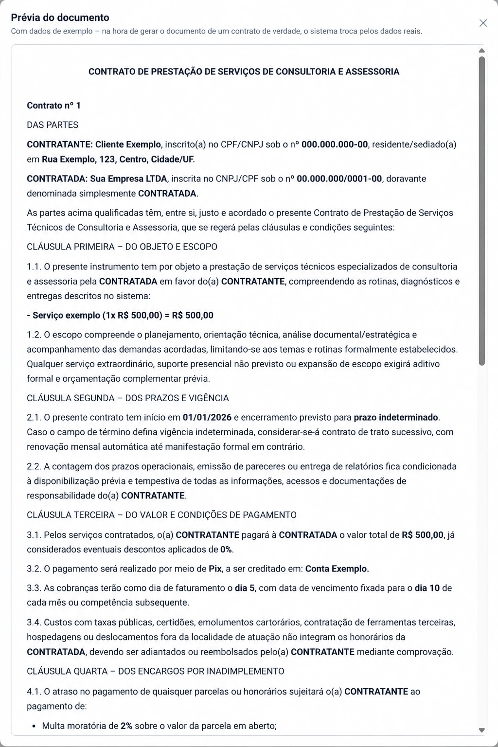 Prévia do documento de contrato de prestação de serviços de consultoria e assessoria, com os campos já trocados por dados de exemplo