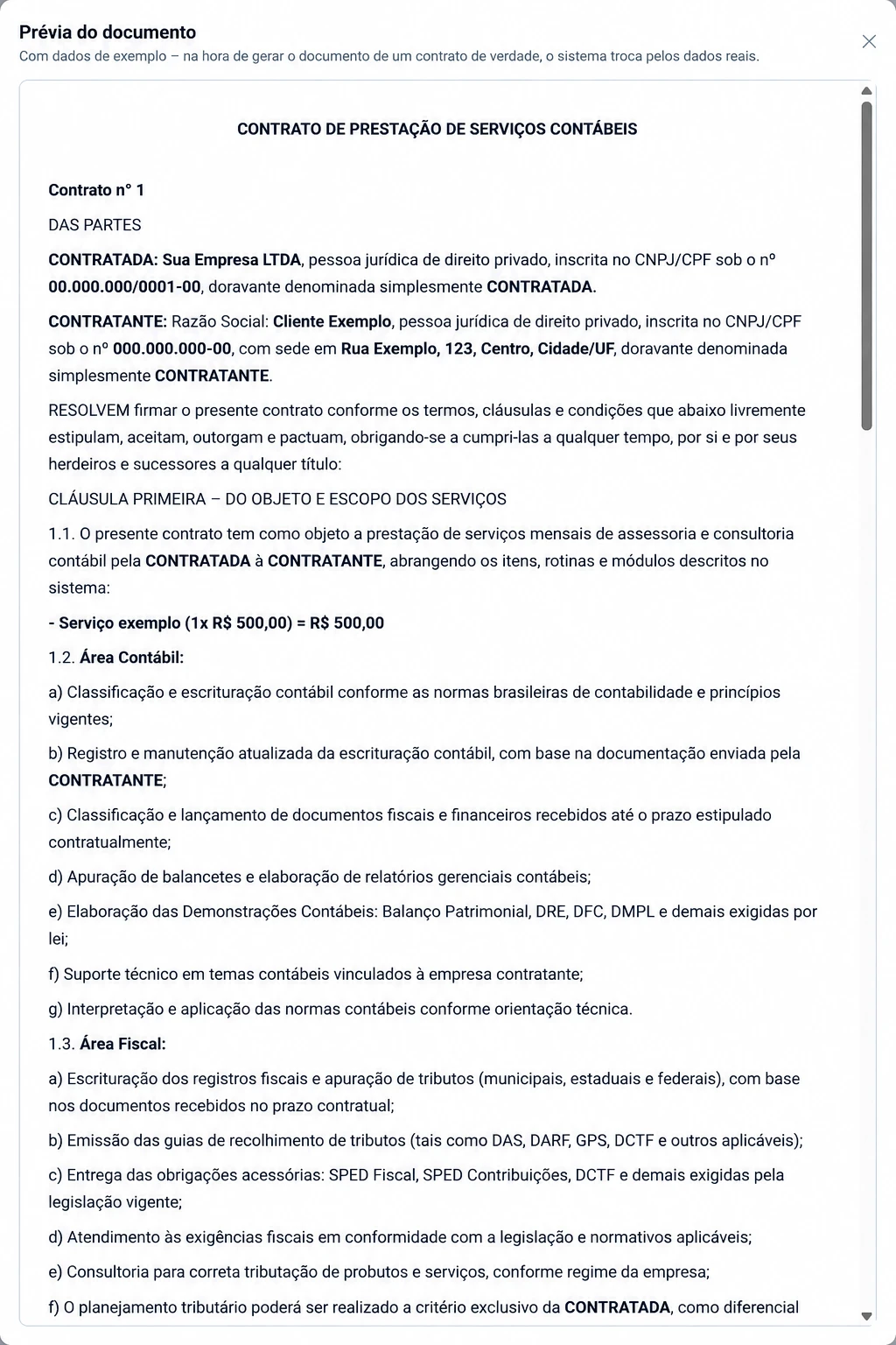 Prévia do documento de contrato de prestação de serviços contábeis, com os campos já trocados por dados de exemplo