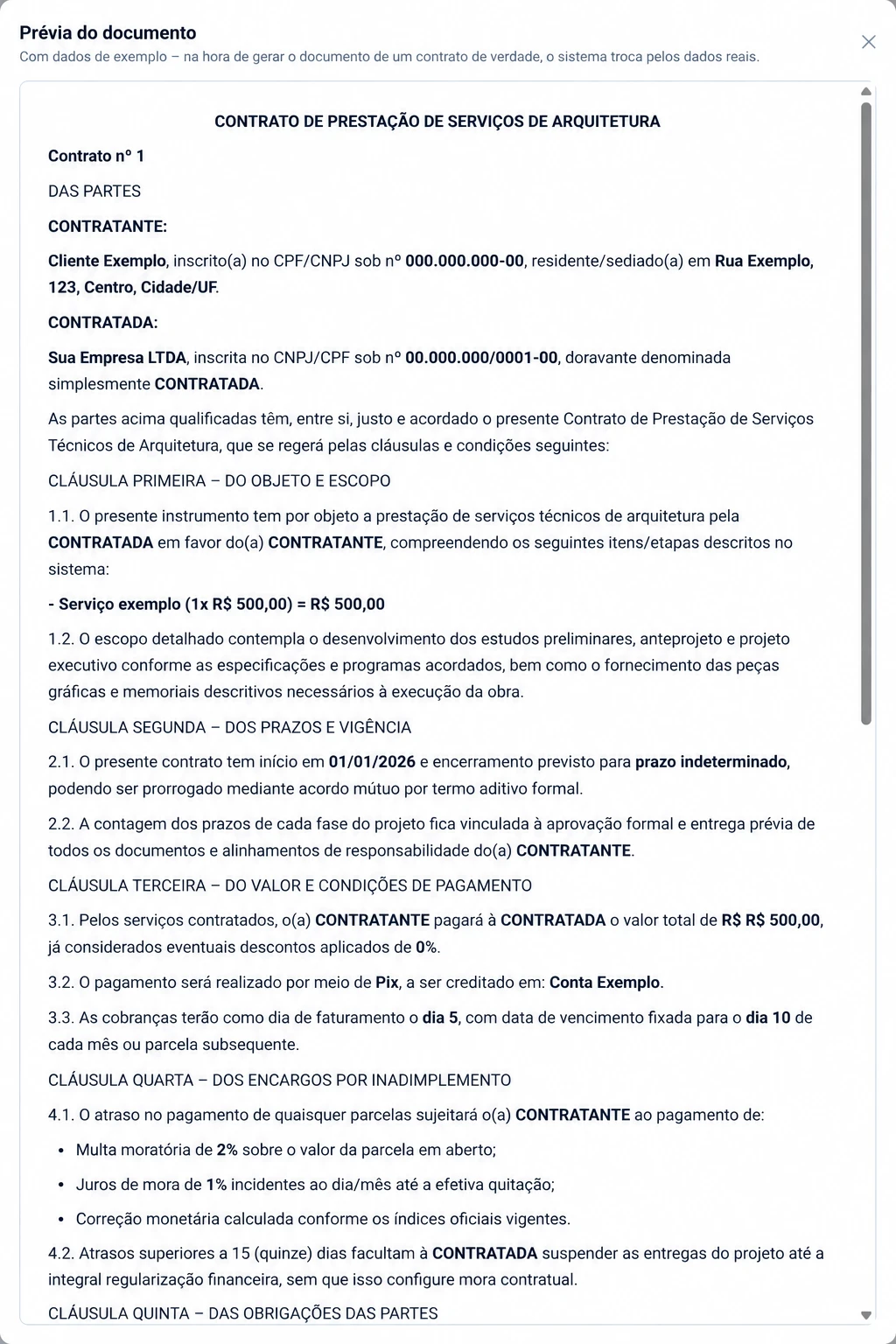 Prévia do documento de contrato de prestação de serviços de arquitetura, com os campos já trocados por dados de exemplo