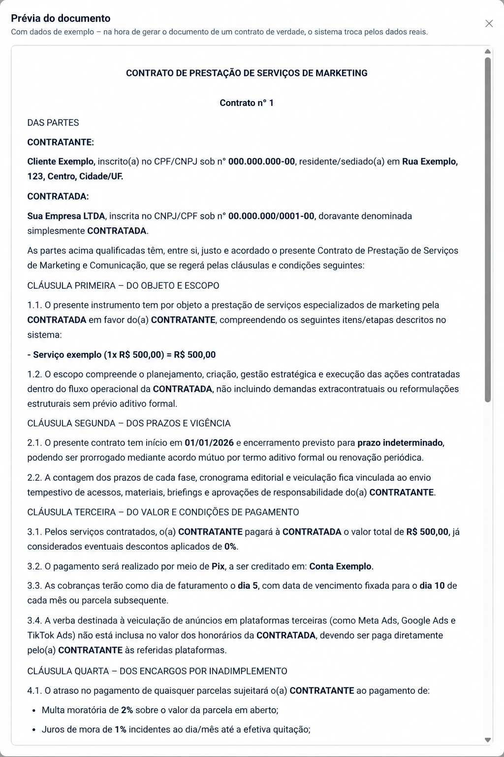 Prévia do documento de contrato de prestação de serviços de marketing, com os campos já trocados por dados de exemplo