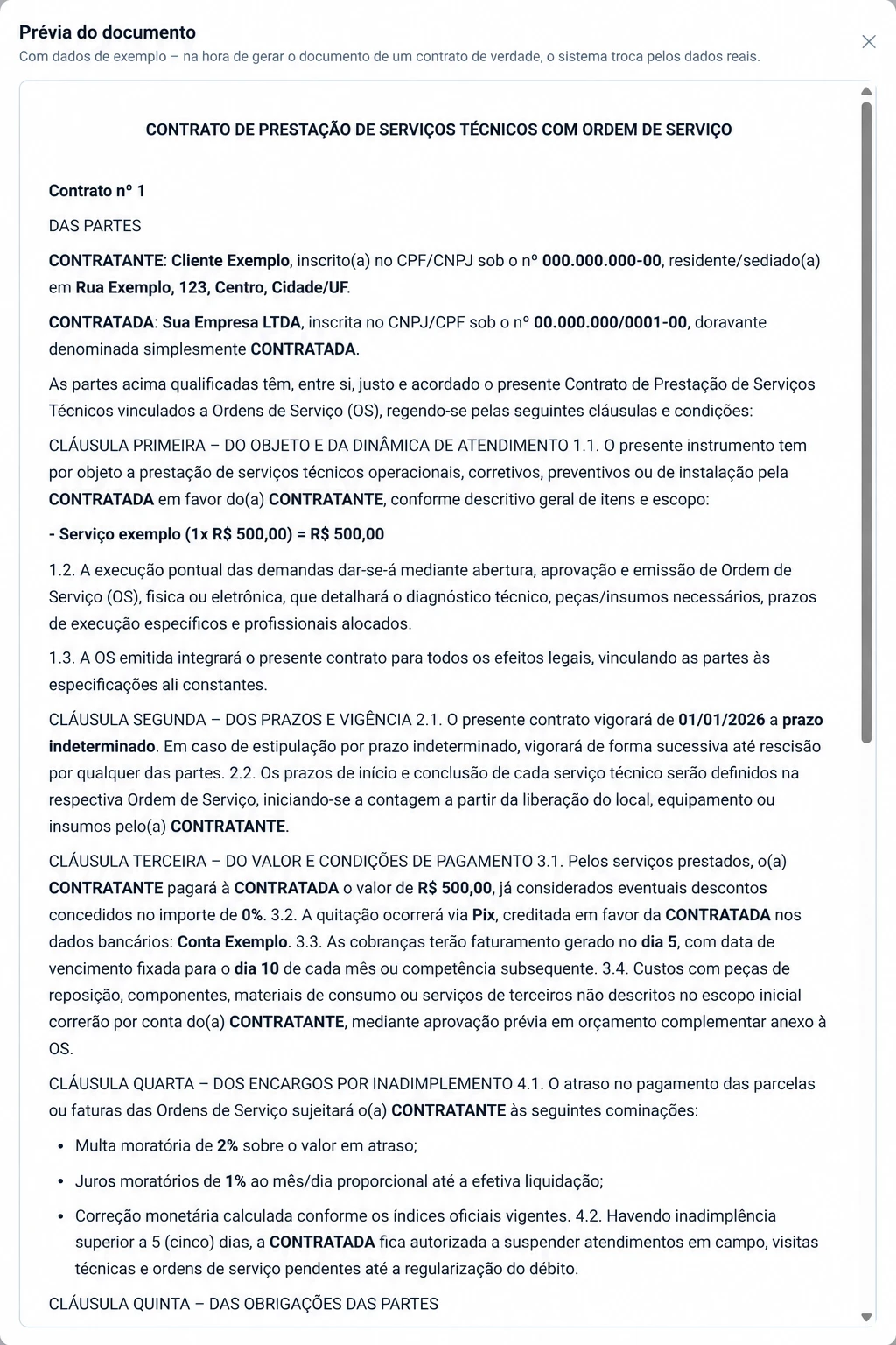 Prévia do documento de contrato de prestação de serviços técnicos com ordem de serviço, com os campos já trocados por dados de exemplo