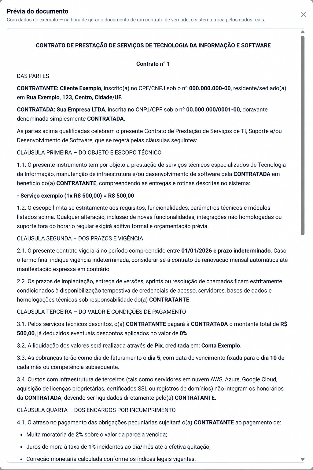 Prévia do documento de contrato de prestação de serviços de tecnologia da informação e software, com os campos já trocados por dados de exemplo