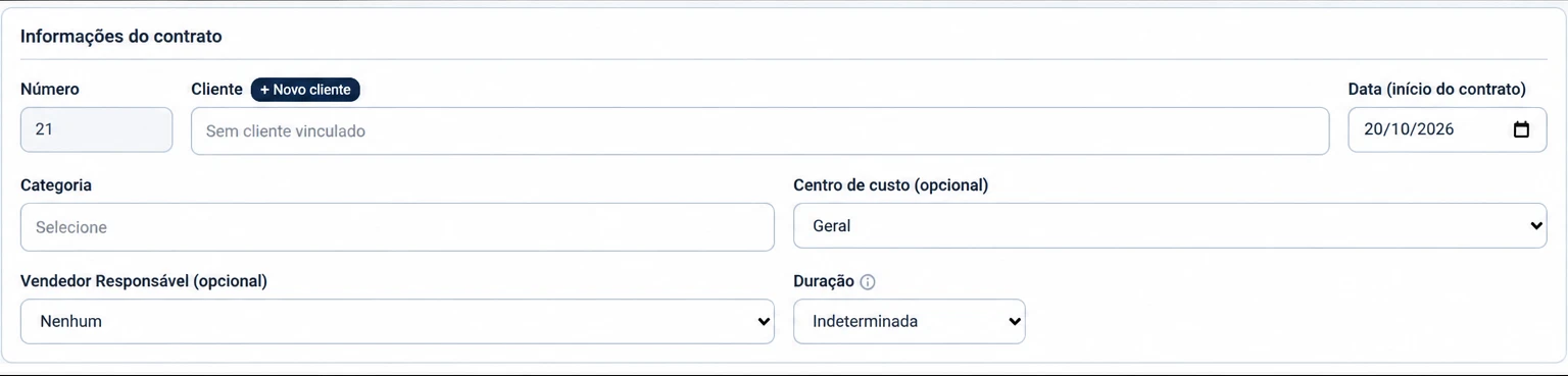 Tela de novo contrato da iork: número, cliente, data de início, categoria, centro de custo, vendedor e duração